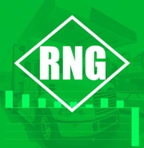 Green background with a white letters RNG in a diamond