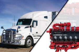 Split image of a white natural gas truck and a red Cummins natural gas engine