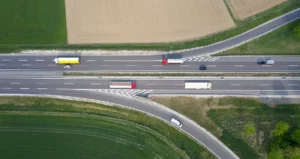 Arial view of trucks on a highway