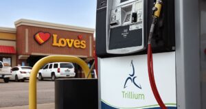 Trillium natural gas pump in front of a Love's Travel Stop