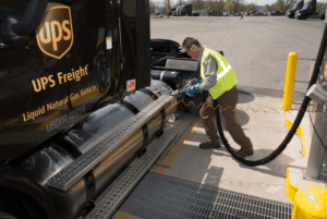 UPS truck being fueled by natural gas by worker wearing safety vest